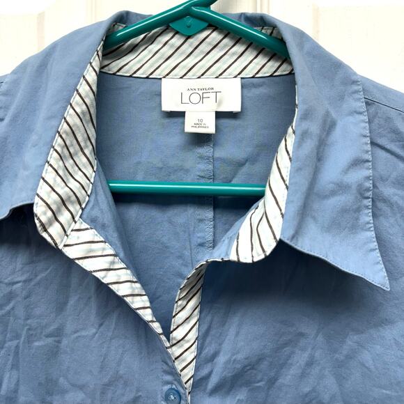 Loft Blue Button Down Blouse, Fitted Stretch Cotton, Size 10 - Picture 2 of 7